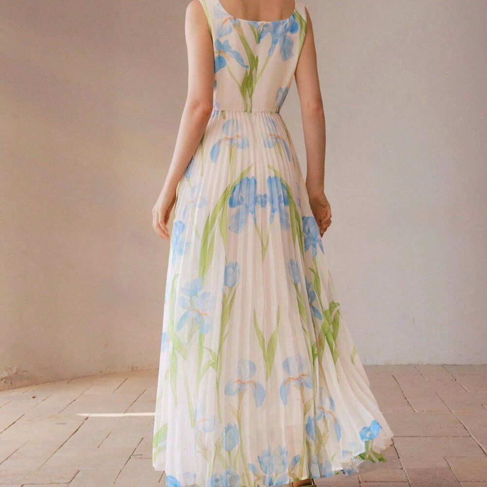 Blue Elegant Women's Pleated Sleeveless Square Neck Printed Dress - Picture 2 of 6